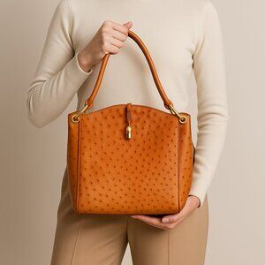 Lorenzi Vintage Rare Genuine Ostrich Camel Structured Shoulder Bag